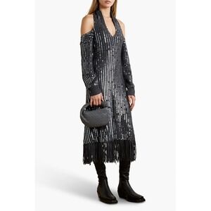 Monse Sequin Cold Shoulder Knit Midi Dress Grey Fringe Halter XS